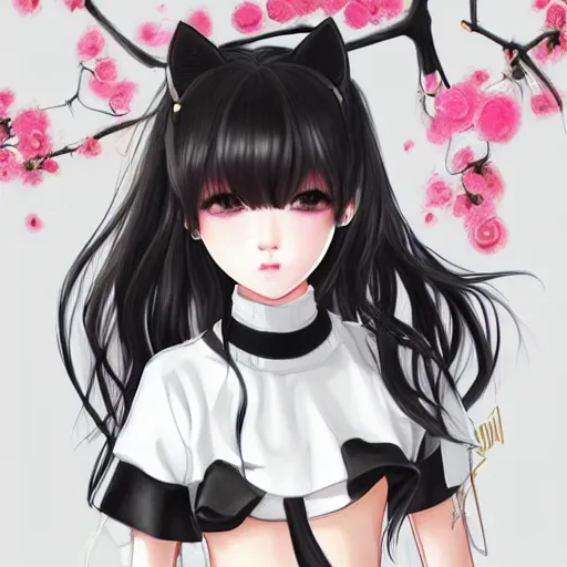 Prompt: realistic beautiful gorgeous natural cute Blackpink Lalisa Manoban black hair fur black cat ears, wearing white camisole summer outfit, headphones, black leather choker artwork drawn full HD 4K highest quality in artstyle by professional artists WLOP, Aztodio, Taejune Kim, Guweiz on Pixiv Artstation