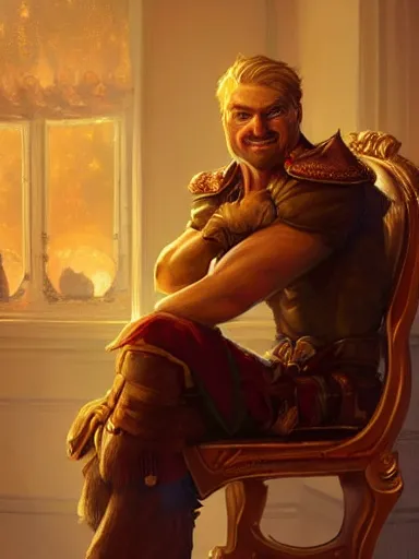 Prompt: a noble man smirking with flirty eyes. crossed arms, sitting in his chair. intricate, elegant, highly detailed, digital painting, artstation, concept art, sharp focus, illustration, by justin gerard and artgerm, 8 k