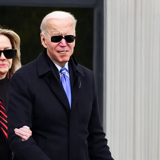 Prompt: joe biden wearing a black trenchcoat and sunglasses