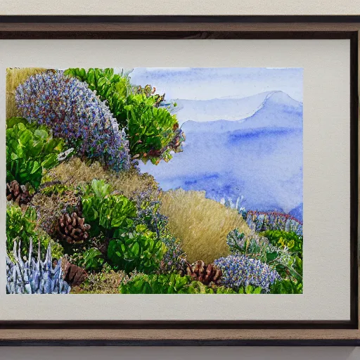 Image similar to delicate coastline mountain garden on paper, stony, puffy, botanical herbarium, botanic watercolors, iridescent, 8 k wide angle, realistic shaded, fine details, artstation, italian, colonnade, oak tree, pinecone, pomegranade, hydrangea, vines, gardena architecture, pompeian, sicilian