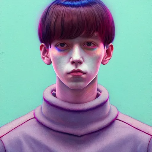 Prompt: full shot, sad android boy:: by Martine Johanna and Simon Stålenhag and Chie Yoshii and Guillermo del toro:: dynamic, particulate, pastel colors, intricate, elegant, highly detailed, centered, artstation, smooth, sharp focus, octane render, 3d