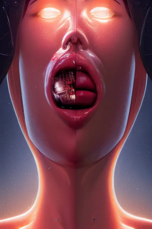 Prompt: attractive female i robot sticking the tongue out sensually, seven deadly sins theme, close - up portrait, intricate, elegant, volumetric lighting, scenery, digital painting, highly detailed, artstation, sharp focus, illustration, concept art, luis rollo, ruan jia, steve mccurry, john berkey