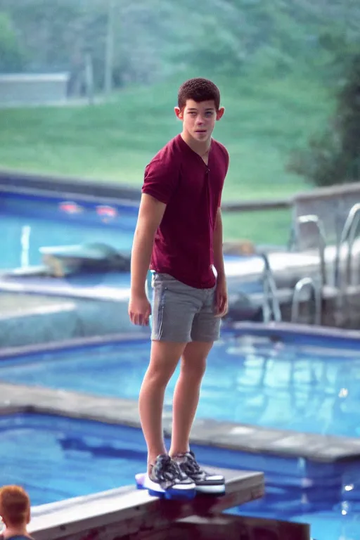 Image similar to close up still shot of young nick jonas standing on the diving board, 3 5 mm, highly detailed, disney channel original movie camp rock, dynamic lighting