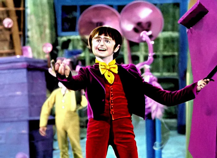 Image similar to film still of Daniel Radcliffe as Willy Wonka in Willy Wonka and the Chocolate Factory 1971