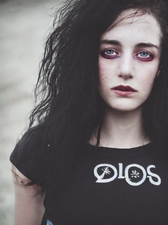 Prompt: hyperdetailed close shot of a beautiful daisy edgar - jones, brown eyes, dark hair, black makeup, skin, winds of winter, with ripped crop t - shirt with a logo, fine - face, pretty face