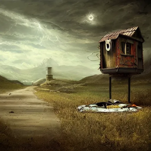 Prompt: michal karcz surrealism drawing of the end of the road. , in the style of jack skellington, in the style of a clown, loony toons style, horror theme, detailed, elegant, intricate, 4k, Renaissance painting