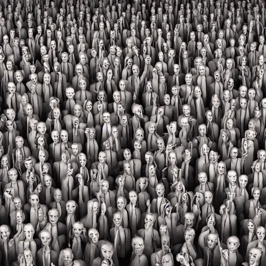 Image similar to Realistic illustration of a 3d render of Useless people, recognized activists making money, community, confused, question marks, depressive, crystal castles