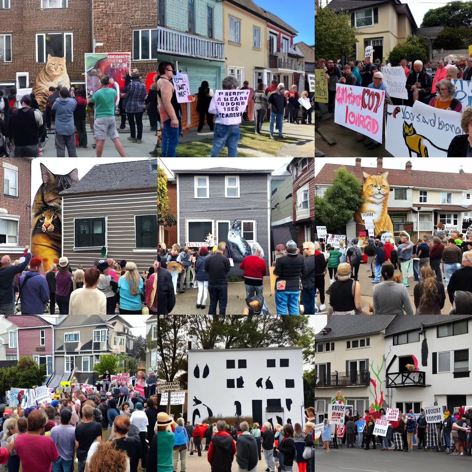 Prompt: a crowd of neighbours protesting against the artist who paints giant cats on their houses