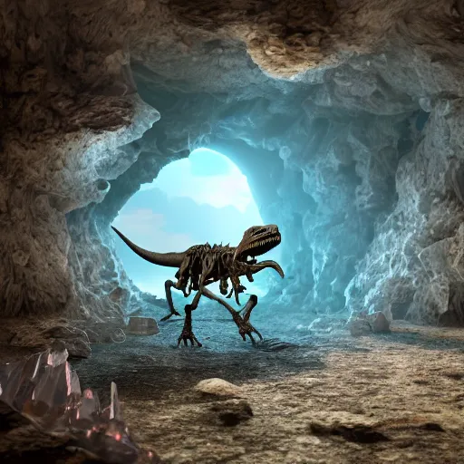 Image similar to photorealistic dinosaur skeleton inside a geode of crystals, volumetric lighting