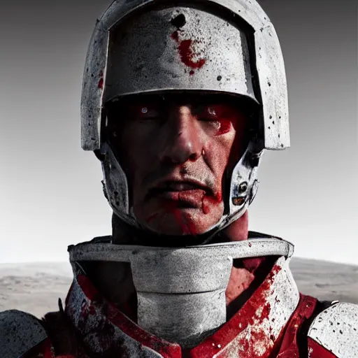 Prompt: portrait of a 5 0 year old soldier with vertical grooves on his nose, angular eyebrows, wearing blood - spattered glossy sleek white dinged scuffed armor and a long torn red cape, heroic posture, battle - weary, strained expression, determined expression, no helmet, on the surface of mars, dramatic lighting, cinematic, sci - fi, hyperrealistic, detailed