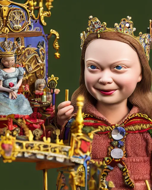 Prompt: highly detailed closeup, face profile portrait of a tin toy weimar greta thunberg as a fairytale princess wearing a crown and sitting on a throne, bikini, depth of field, otto dix, breathtaking, detailed and intricate environment, 8 k resolution, hyperrealistic, octane render