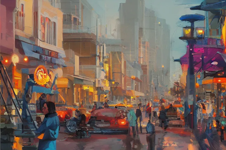 Image similar to beautiful color painting of a busy downtown street, repair shop, trending on artstation