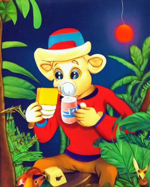 Prompt: noddy drinking milk in a jungle full of cheese at midnight with disco lights