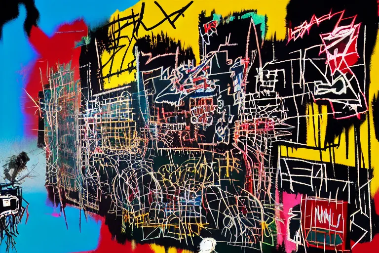 Image similar to punk rock cover, multilayer glitch effect in spatial perceptron synapses, matte painting, 4 k, epic composition, volumetric light, abstract illusionism, by jean - michel basquiat