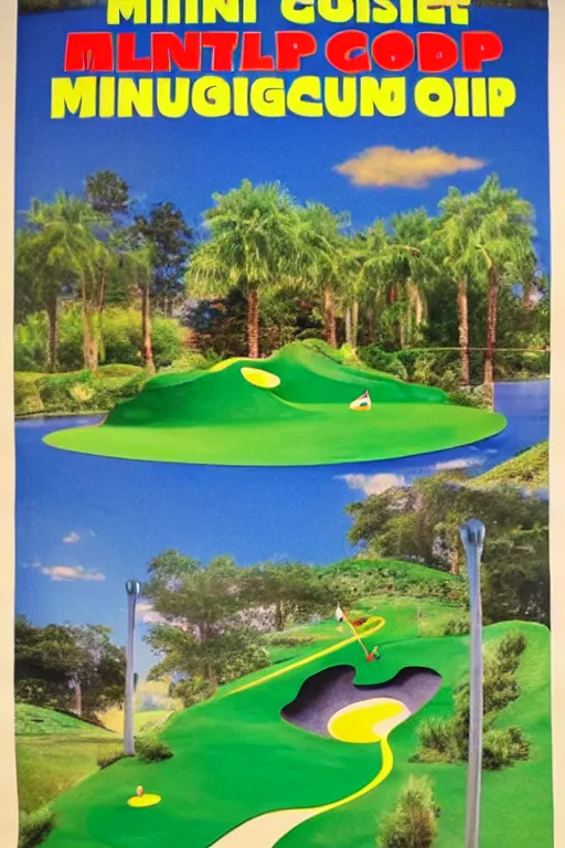 Prompt: poster for mini golf course in a museum