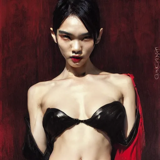 Image similar to detailed cinematic wide shot of beautiful attractive tao okamoto asian vampire woman wearing black bath robe slim face symettrical face clean skin black eyes black robe smooth, sharp focus, ultra realistic, spring light, painting by gaston bussiere, craig mullins, j. c. leyendecker