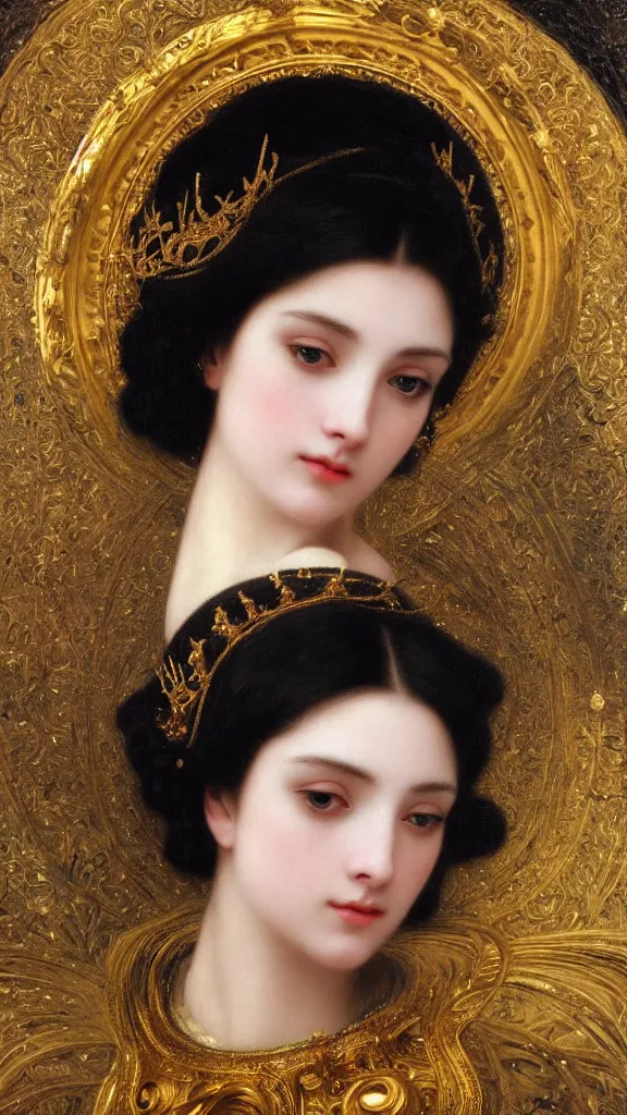 Image similar to painting portrait of a beautiful black haired woman with pale skin and a crown on her head sitted on an intricate metal throne, intricate, elegant, digital painting, smooth, sharp focus, shiny gold, realistic gold, realistic metal, by william - adolphe bouguereau and gustav klimt,