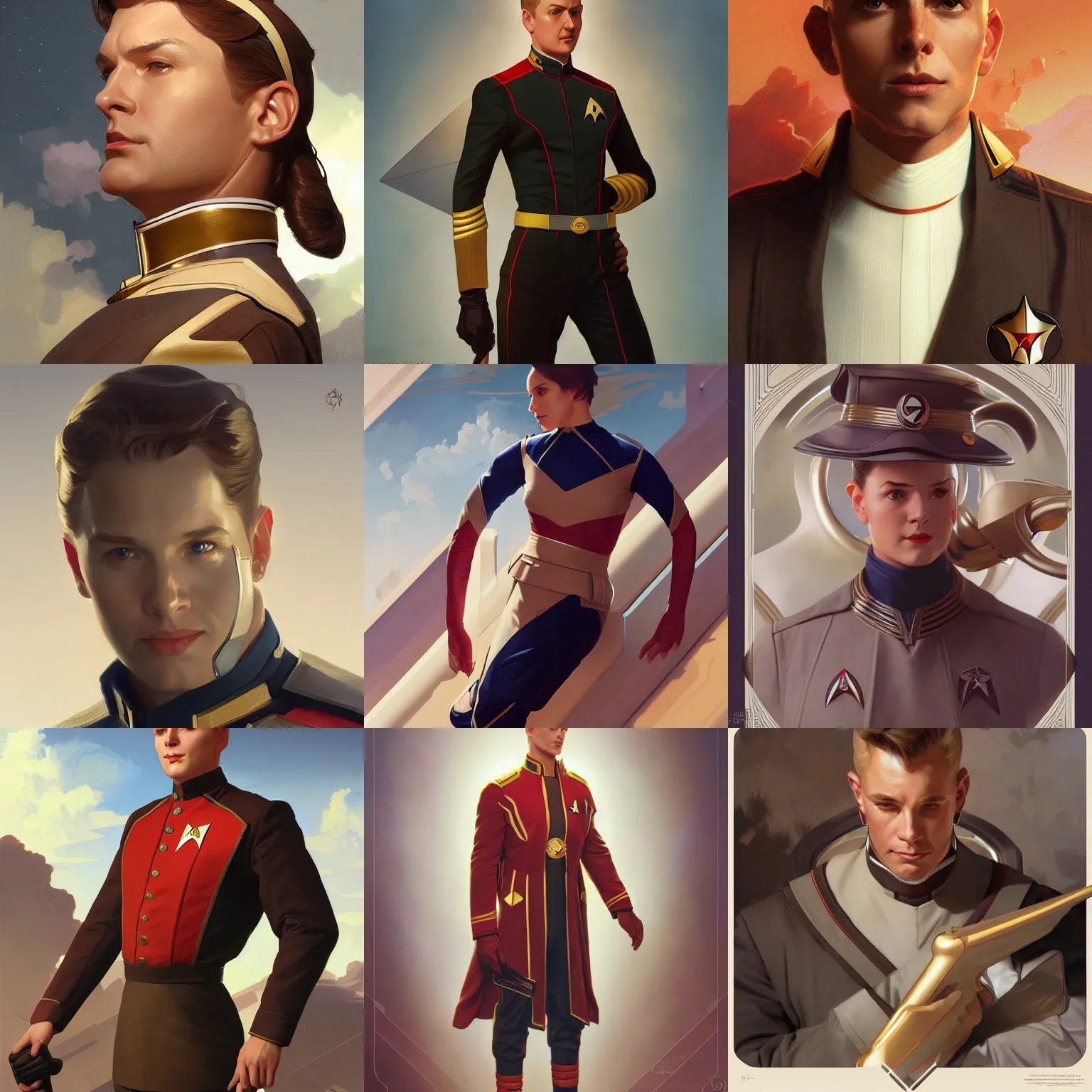 Prompt: leyendecker man, starfleet uniform, octane render, highly detailed, digital painting, artstation, concept art, smooth, sharp focus, illustration, art by artgerm and greg rutkowski and alphonse mucha and william - adolphe bouguereau