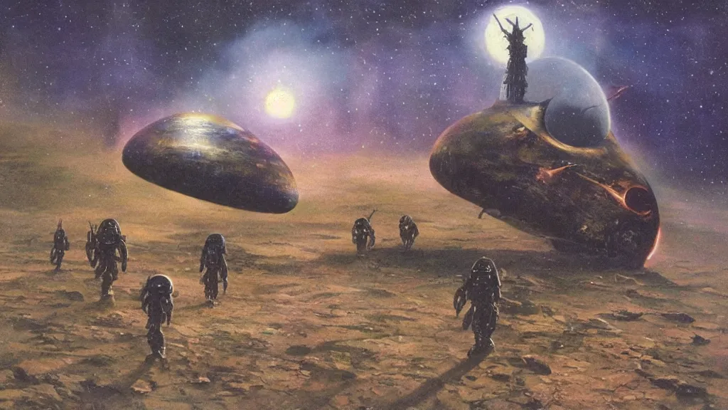 Image similar to eerie atmospheric alien planet with a small dropship pod landing by jack gaughan and bob eggleton and chris moore, epic cinematic matte painting