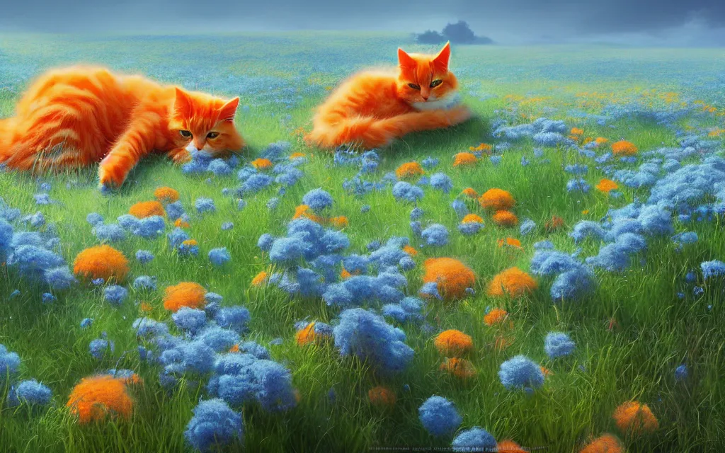 Image similar to fluffy orange cat sleeping in a field of blue flowers, matte painting, digital illustration, concept art, by makoto shinkai and ruan jia