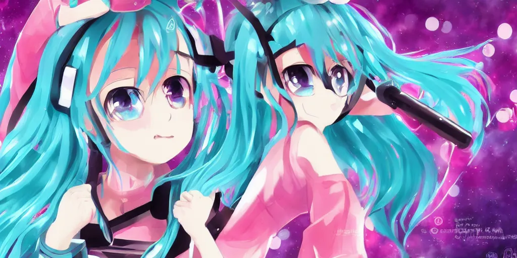 Image similar to hatsune miku preforming on stage , digital art, art station, trending on art station, anime, colorful art