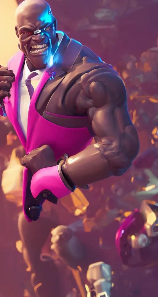 Image similar to doomfist, pink blazer, overwatch game, digital art, high detailed, artstation, octane render