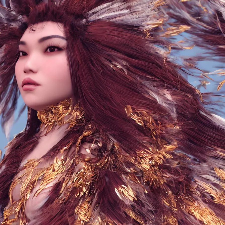 Prompt: closeup photoshoot of single asian goddess of bliss and honey, feathers hair, silk flowing in wind, totemic ritualistic tarot sigils embedded in ruby skin, photoreal, unreal engine, redshift render, trending on artstation