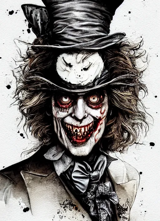 Prompt: portrait, Zombified mad hatter eating the white rabbit, watercolor, dramatic lighting, cinematic, establishing shot, extremly high detail, foto realistic, cinematic lighting, pen and ink, intricate line drawings, by Yoshitaka Amano, Ruan Jia, Kentaro Miura, Artgerm, post processed, concept art, artstation, matte painting, style by eddie mendoza, raphael lacoste, alex ross