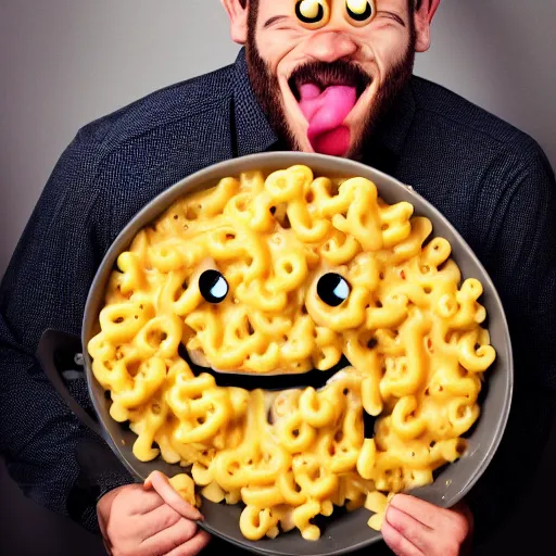 Image similar to a man with mac n' cheese streaming out of his eyes, nose, mouth and ears. photograph. delicious.