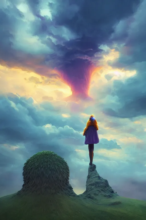 Image similar to closeup perspective, giant dahlia flower as head, girl standing on mountain, surreal photography, blue storm clouds, dramatic light, impressionist painting, digital painting, artstation, simon stalenhag