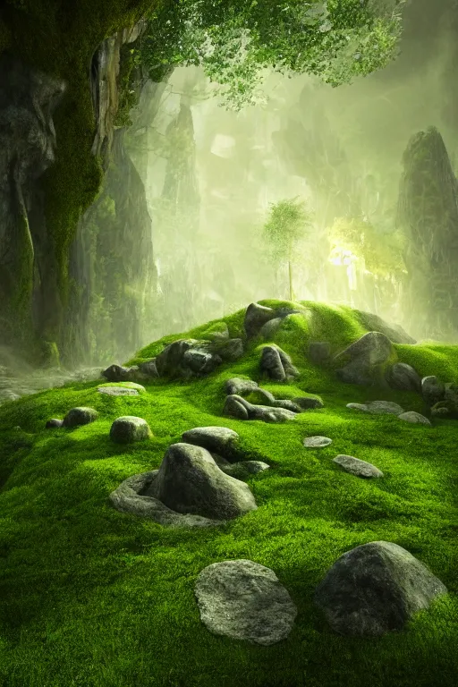 Image similar to the entrance of valhalla, beautiful composition, nature, mossy stone, low angle, rays of light, light dust, octane render, unreal engine, photography, 8 k
