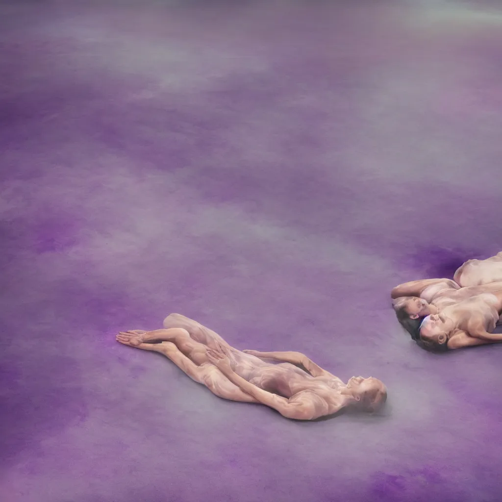 Prompt: iridiscent oil spill with women corpses connected by cables and computers to wax forms to a buried baby relaxing on yoga mat, faded, purple gradient, dust, purple fog, depth of field, by nadav kander and hans bellmer, 8 k, ultrarealistic, sad atmosphere, cinematic, 8 5 mm lens