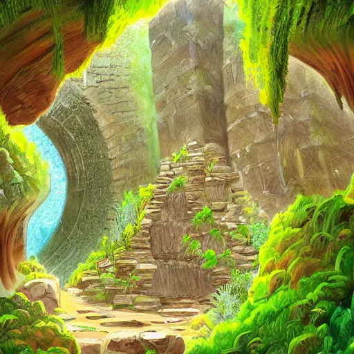 Image similar to ancient ruins,plants and waterfalls in the interior of a cave,digital art