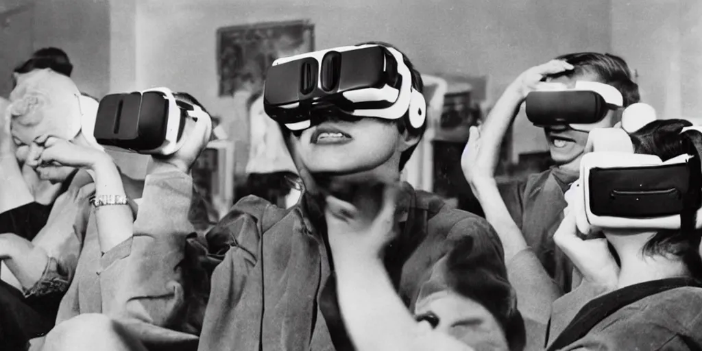 Prompt: people from the 1 9 5 0 s playing with virtual reality goggles