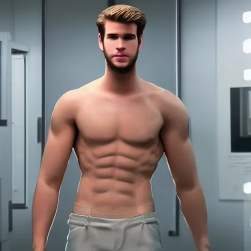 Image similar to a realistic detailed photo of a guy who is an attractive humanoid who is half robot and half humanoid, who is a male android, actor liam hemsworth, shiny skin, posing like a statue, blank stare, in a lab, on display, showing off his muscles