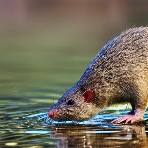 Image similar to close up photo of an australian swamp rat, drinking water from a lake in tasmania, bokeh, 4 0 0 mm lens, 4 k award winning nature photography