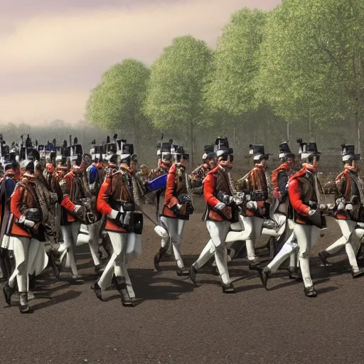 Prompt: A battalion of British Line Infantry marching on a road at noon, plains, realistic, detailed, 4k, HDR