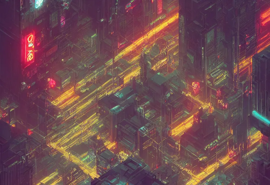 Image similar to a cyberpunk city scape in isometric style, at night with neon lights and advertisements, by Beksinski 4k, deviantart, trending on artstation
