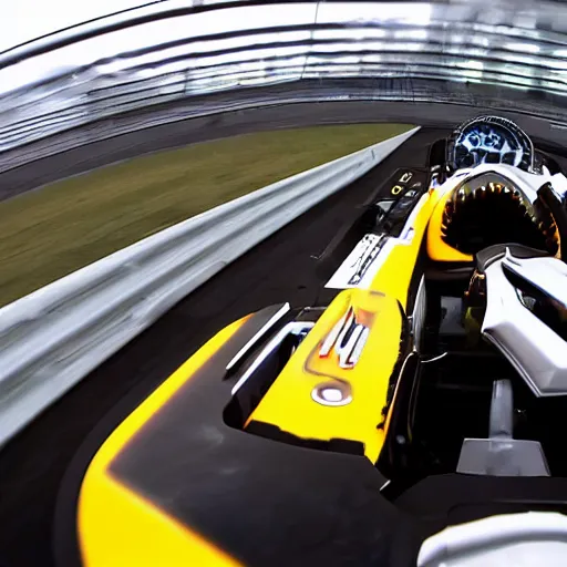 Image similar to POV shot of driving a scifi futuristic race car