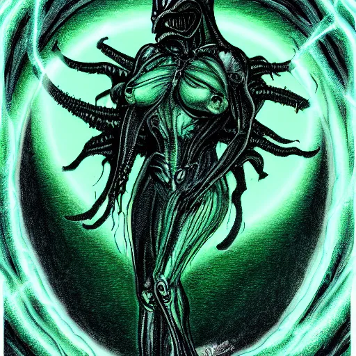Image similar to xenomorph queen surrounded by eggs, dark emerald mist colors, giger color liminal backfill