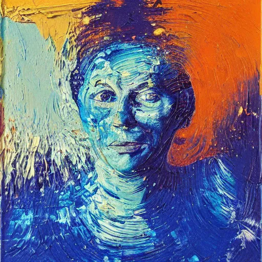 Image similar to oil paint impasto relief, portrait of woman's face, deep under water, lots blue colours, lit from above, looking up, air bubbles, multi layered thick brush marks, some splattered paint, in the style frank auerbach and magritte