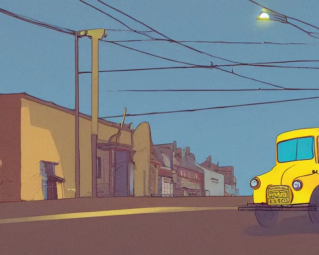 Prompt: a study of cell shaded cartoon of a yellow truck on a country road, street lamps, road, illustration, wide shot, subtle colors, post grunge, concept art by josan gonzales and wlop, by james jean, Victo ngai, David Rubín, Mike Mignola, Laurie Greasley, highly detailed, sharp focus, alien, Trending on Artstation, HQ, deviantart, art by artgem