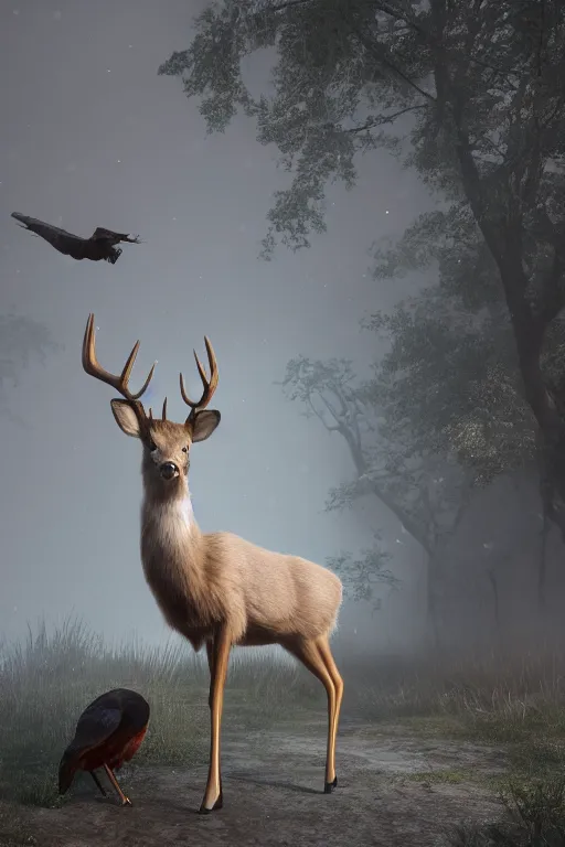 Prompt: an anthro deer wearing a white formal coat, talking to a crow, hyperrealistic, concept art, octane render, unreal engine 5, trending on DeviantArt, highly detailed, high quality, 8K, soft lighting, cute, natural lighting, realistic face, trending on Artstation, elegant clothes, profile picture, path traced, house background