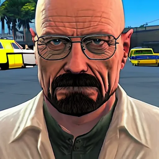 Prompt: Walter white as a grand theft auto 5 character, drug dealer