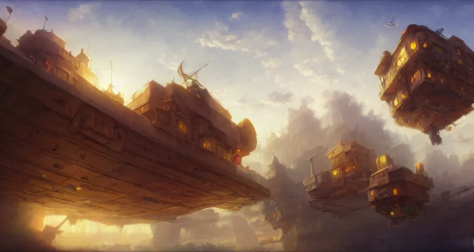 Image similar to landscape an floating town in the sky and an sky - ship flying towards it andreas rocha