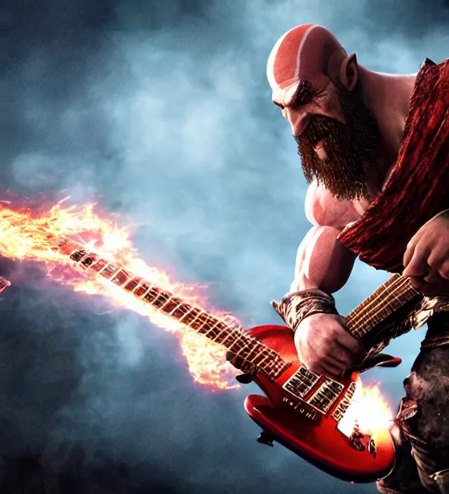 Image similar to kratos shredding on a flaming stratocaster guitar, cinematic render, god of war 2 0 1 8, santa monica studio official media, lightning, stripe over eye