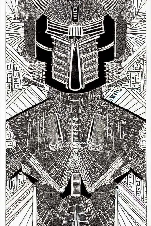 Image similar to a black and white drawing of an ancient future japanese temple samurai, a detailed mixed media collage by hiroki tsukuda and eduardo paolozzi and moebius, intricate linework, sketchbook psychedelic doodle comic drawing, geometric, street art, polycount, deconstructivism, matte drawing, academic art, constructivism