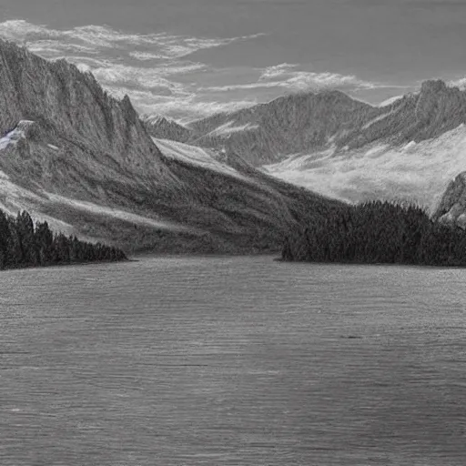 Image similar to lago di sorapis, hyper - realistic black and white drawing