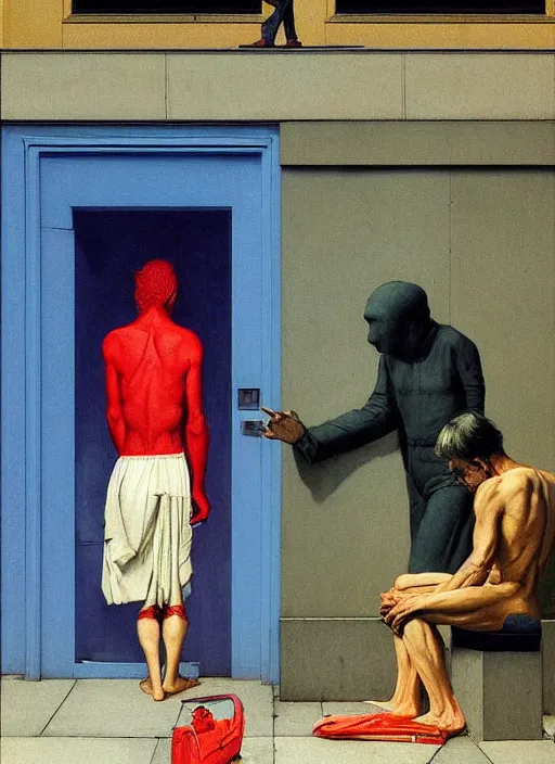 Prompt: a deity meeting a poor beggar on the streets of london circa 1 9 8 4 edward hopper and james gilleard, zdzislaw beksinski, in the style of francis bacon, surreal, norman rockwell and james jean, greg hildebrandt, and mark brooks, triadic color scheme, by greg rutkowski, in the style of syd mead