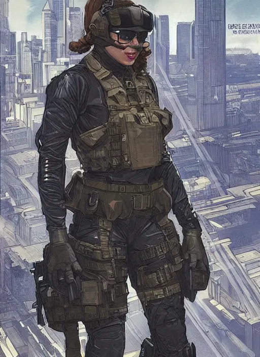 Prompt: Dinah. USN special forces operator looking at city skyline. Agent wearing Futuristic stealth suit. rb6s Concept art by James Gurney, Alphonso Mucha, matt rhodes.